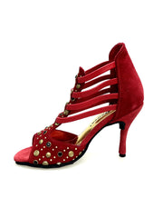 Load image into Gallery viewer, Swann Elizabeth Pirata (460PW) - Sandalo da Donna in Camoscio Rosso con Borchie Oro e Swarovski Neri Incastonati elastici Oro e tacco a spillo Rivestito Camoscio Rosso
