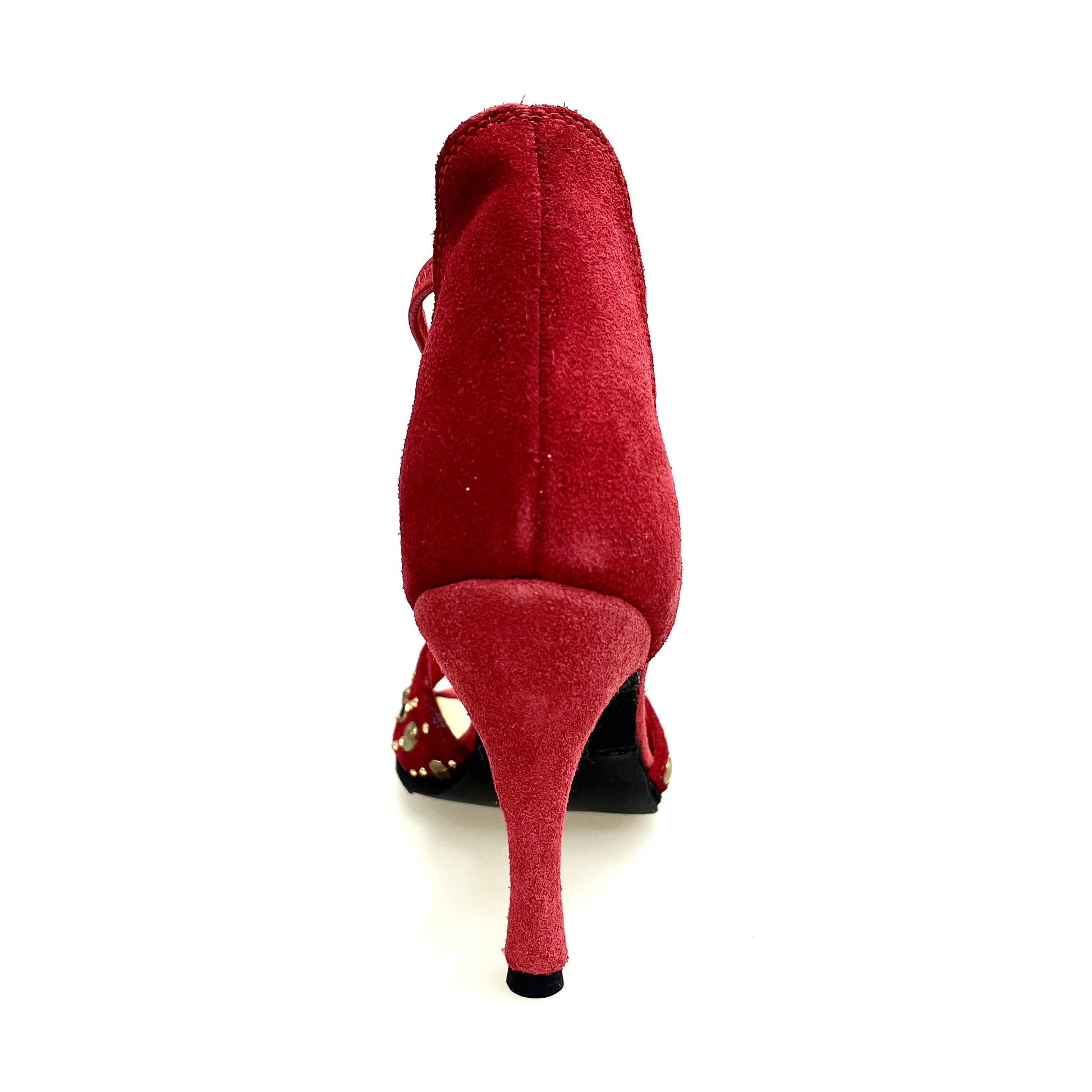Sandalo da donna Swann Elizabeth Pirata in camoscio rosso con borchie oro, Swarovski neri e tacco a spillo rivestito in camoscio.