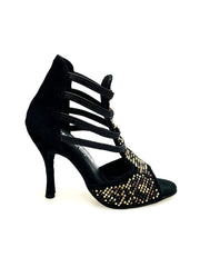 Carica immagine nella Galleria, Carola Leopard (460PW) - Sandalo da Donna in Camoscio Nero con Livrea Leopardo in borchiette Oro e Marroni e Swarovski Neri e tacco a spillo rivestito in Camoscio Nero
