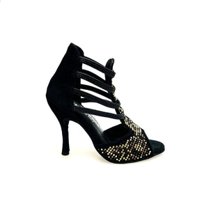 Carola Leopard (460PW) - Woman's Sandal in Black Suede with Leopard livery in Gold and Brown studs and Black Swarovski and stiletto heel covered in Black Suede