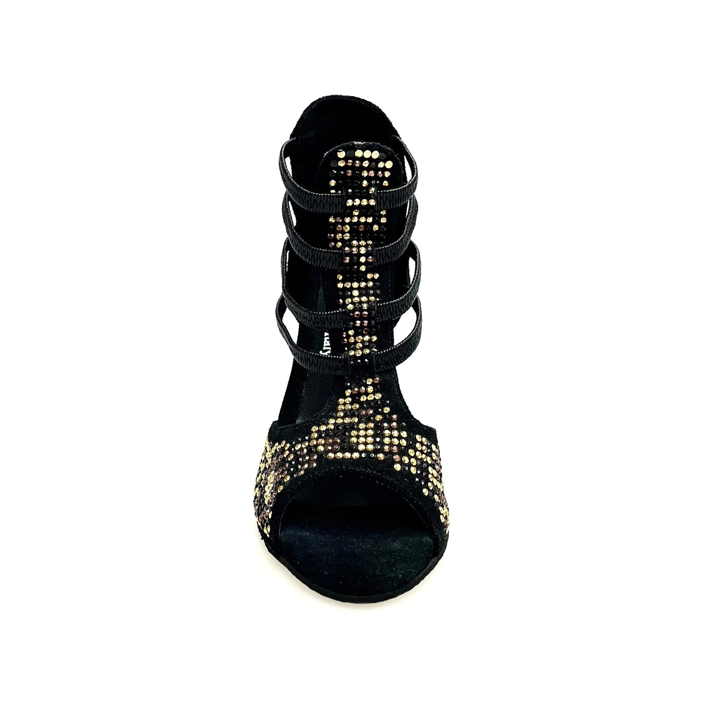 Sandalo donna Carola Leopard Wish Dance Shop in camoscio nero, con dettagli leopardati, borchiette oro e Swarovski neri, tacco a spillo.