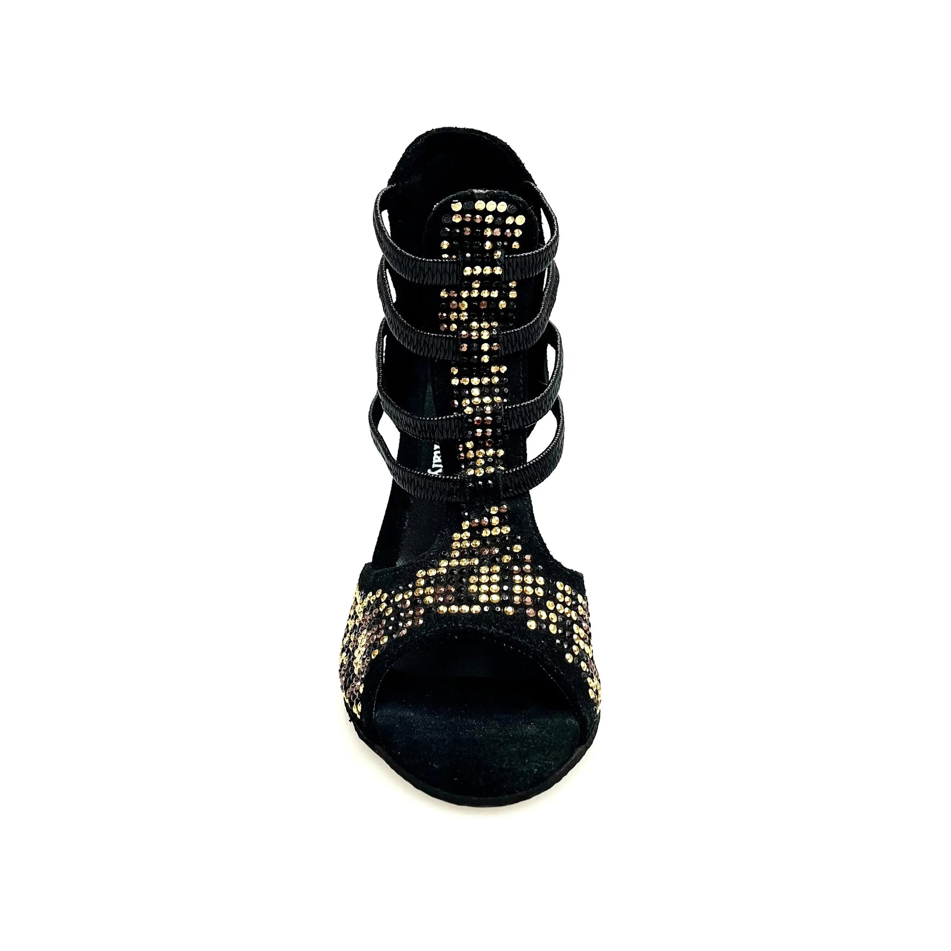 Sandalo donna Carola Leopard Wish Dance Shop in camoscio nero, con dettagli leopardati, borchiette oro e Swarovski neri, tacco a spillo.