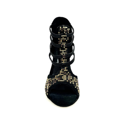 Sandalo donna Carola Leopard Wish Dance Shop in camoscio nero, con dettagli leopardati, borchiette oro e Swarovski neri, tacco a spillo.