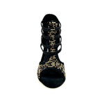 Load image into Gallery viewer, Carola Leopard (460PW) - Woman&#39;s Sandal in Black Suede with Leopard livery in Gold and Brown studs and Black Swarovski and stiletto heel covered in Black Suede
