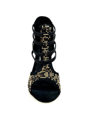 Carica immagine nella Galleria, Carola Leopard (460PW) - Sandalo da Donna in Camoscio Nero con Livrea Leopardo in borchiette Oro e Marroni e Swarovski Neri e tacco a spillo rivestito in Camoscio Nero
