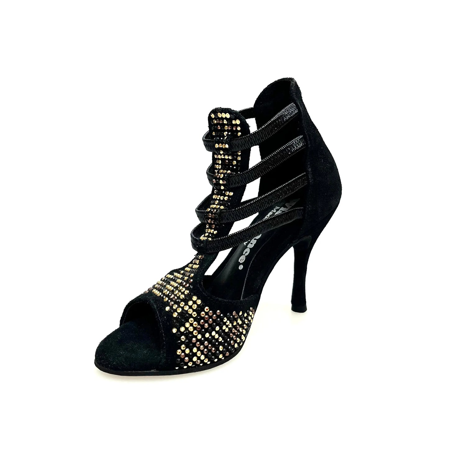 Sandalo donna Carola Leopard Wish Dance Shop in camoscio nero con dettagli leopardati, borchiette oro e Swarovski neri, tacco a spillo.
