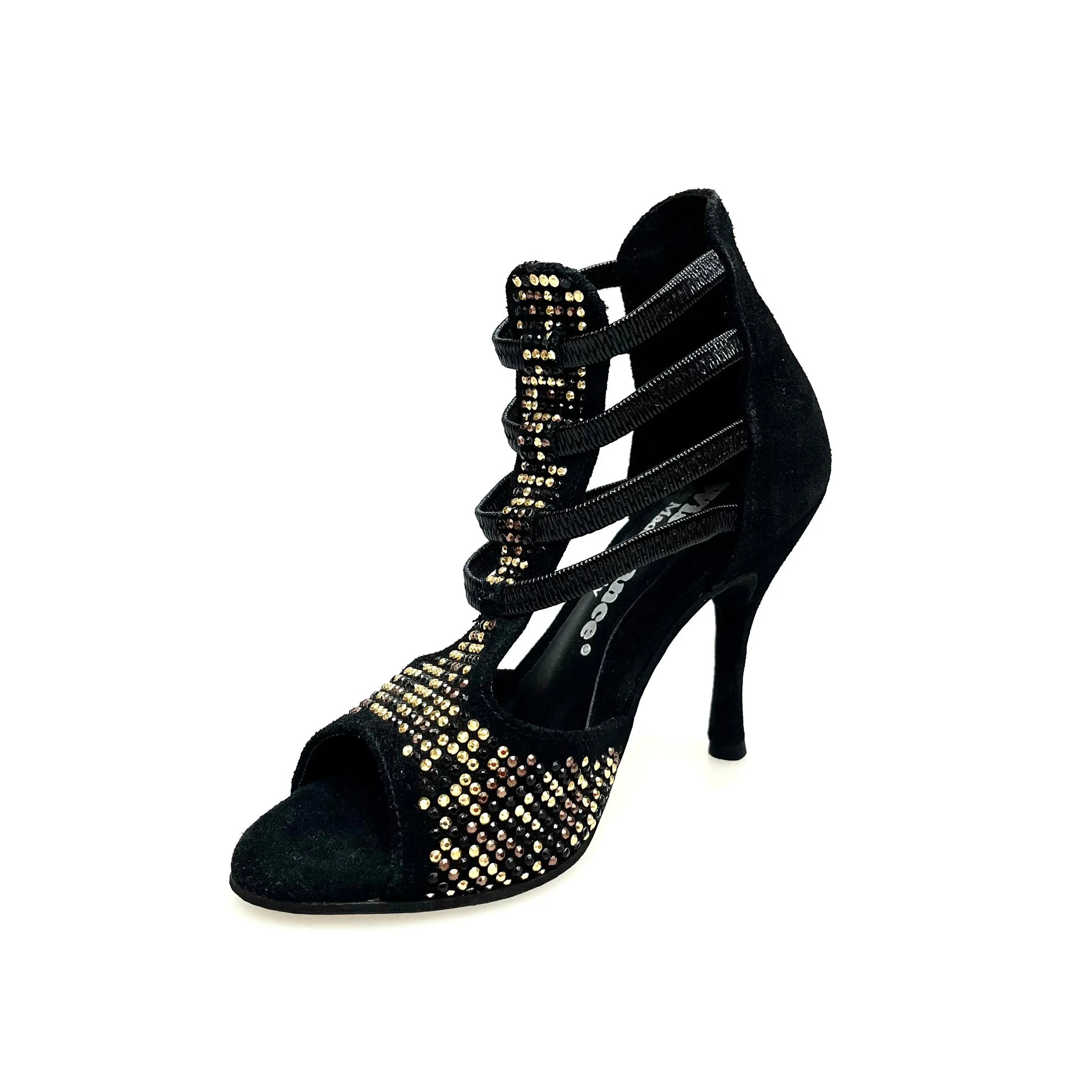 Sandalo donna Carola Leopard Wish Dance Shop in camoscio nero con dettagli leopardati, borchiette oro e Swarovski neri, tacco a spillo.