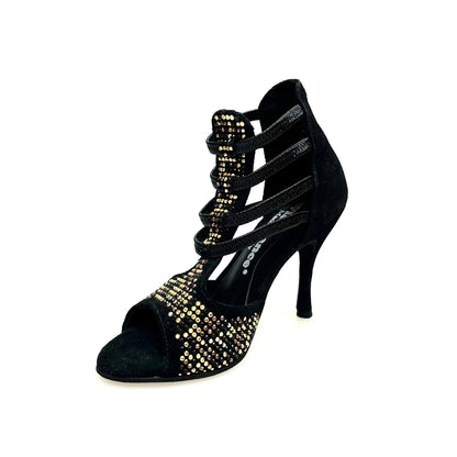 Sandalo donna Carola Leopard Wish Dance Shop in camoscio nero con dettagli leopardati, borchiette oro e Swarovski neri, tacco a spillo.