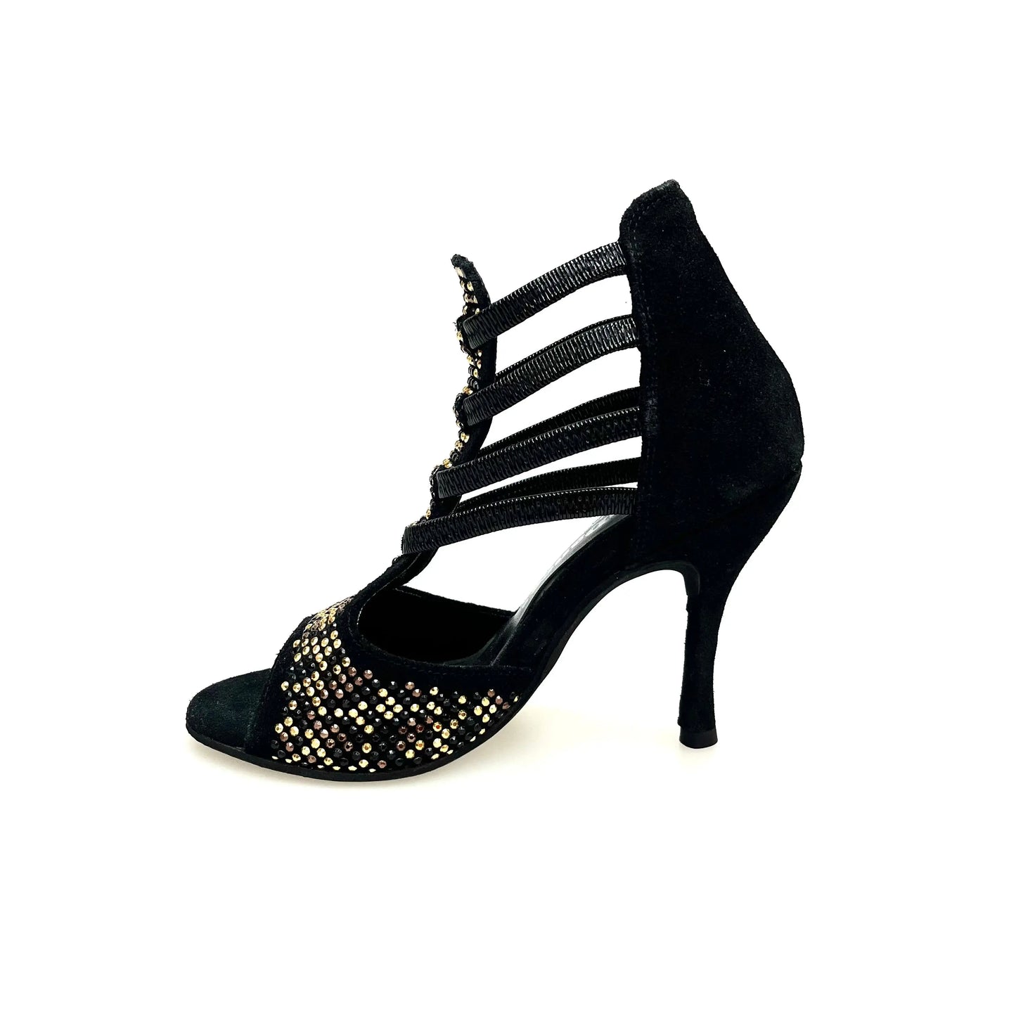Sandalo donna Carola Leopard Wish Dance Shop in camoscio nero con dettagli in borchiette oro e marroni, tacco a spillo rivestito.