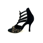 Load image into Gallery viewer, Carola Leopard (460PW) - Woman&#39;s Sandal in Black Suede with Leopard livery in Gold and Brown studs and Black Swarovski and stiletto heel covered in Black Suede
