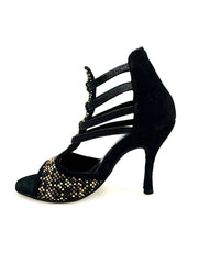 Carica immagine nella Galleria, Carola Leopard (460PW) - Sandalo da Donna in Camoscio Nero con Livrea Leopardo in borchiette Oro e Marroni e Swarovski Neri e tacco a spillo rivestito in Camoscio Nero
