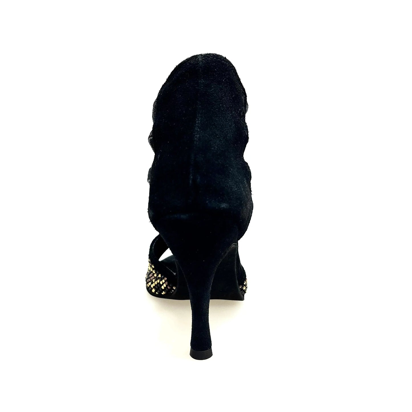 Sandalo donna Carola Leopard Wish Dance Shop in camoscio nero con dettagli leopardati, borchiette oro e Swarovski neri, tacco a spillo.