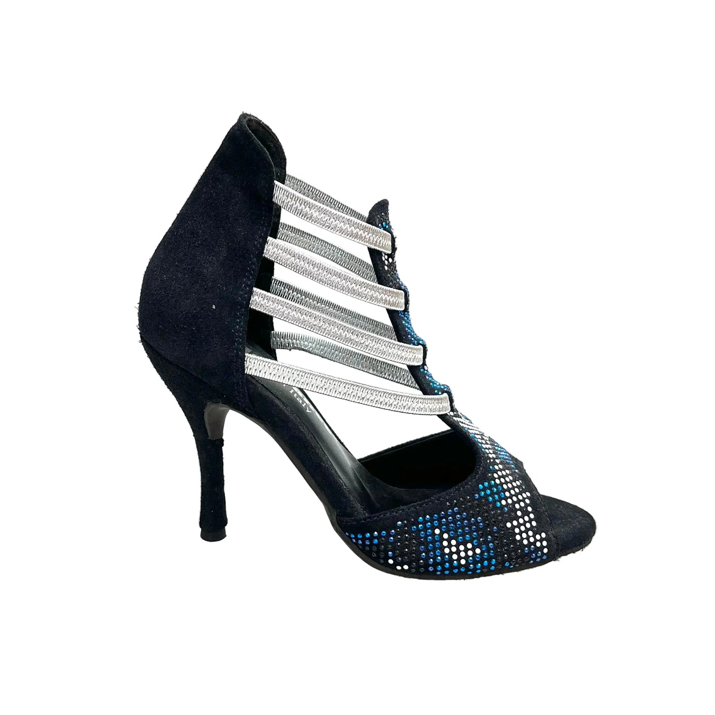 Sandalo donna Viper Blu (460PW) in camoscio blu notte con borchiette bianche e nere, Swarovski blu, elastici argento e tacco a spillo rivestito.