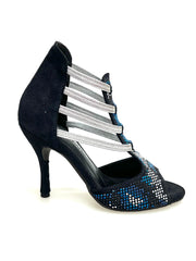 Carica immagine nella Galleria, Viper Blu (460PW) - Sandalo da Donna in Camoscio Blu notte Livrea Vipera in borchiette bianche e Nere e Swarovski blu Elastici Argento e tacco a spillo Rivestito Camoscio Blu Notte
