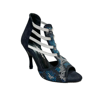 Sandalo da donna Viper Blu (460PW) di Wish Dance Shop in camoscio blu notte, con borchiette bianche e nere, Swarovski blu e tacco a spillo rivestito.