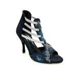 Load image into Gallery viewer, Viper Blu (460PW) - Woman&#39;s Sandal in Midnight Blue Suede with livery in blue and white studs and Silver Elastics and stiletto heel Covered in Midnight Blue Suede
