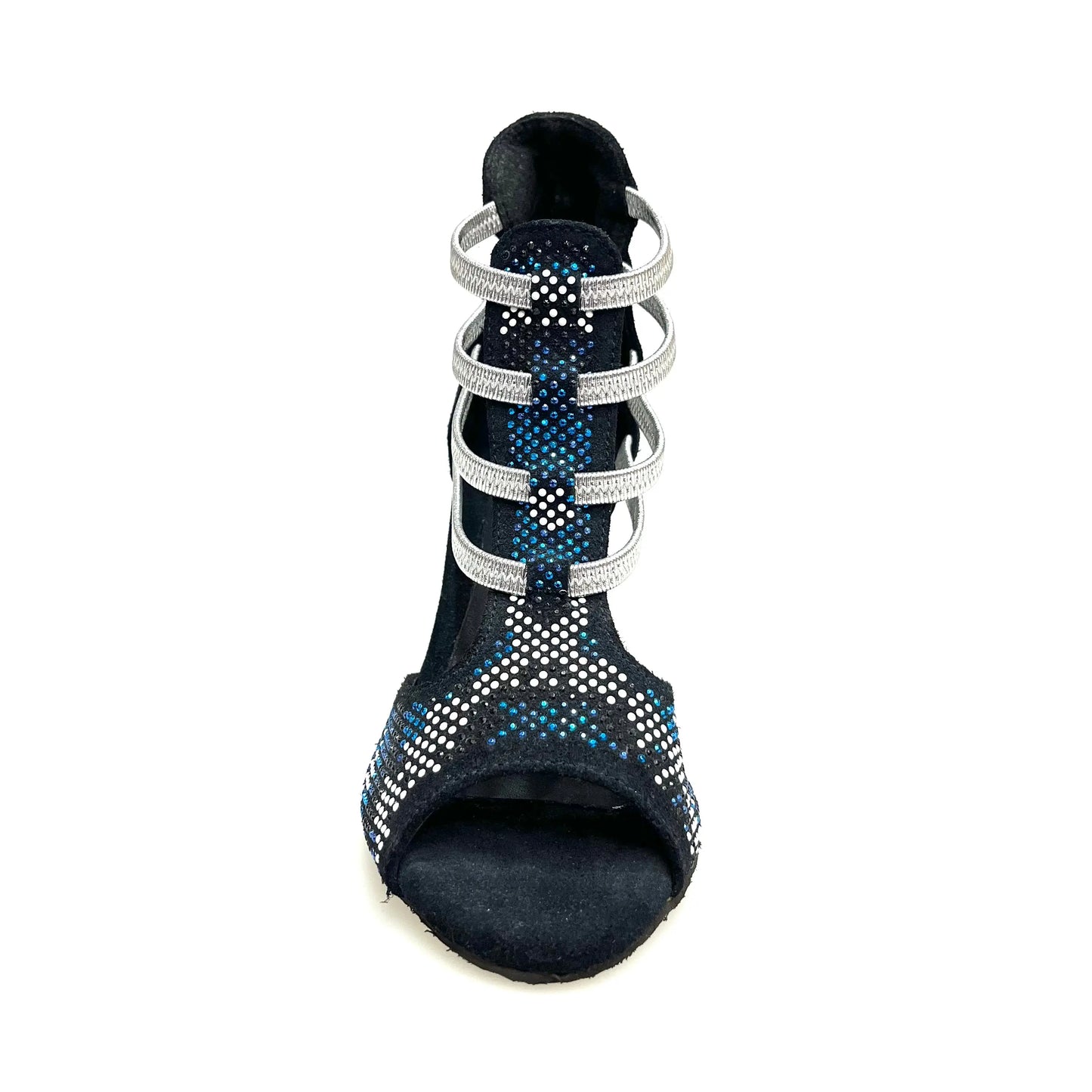 Sandalo da donna Viper Blu (460PW) in camoscio blu notte con borchiette bianche e nere, Swarovski blu, elastici argento e tacco a spillo.