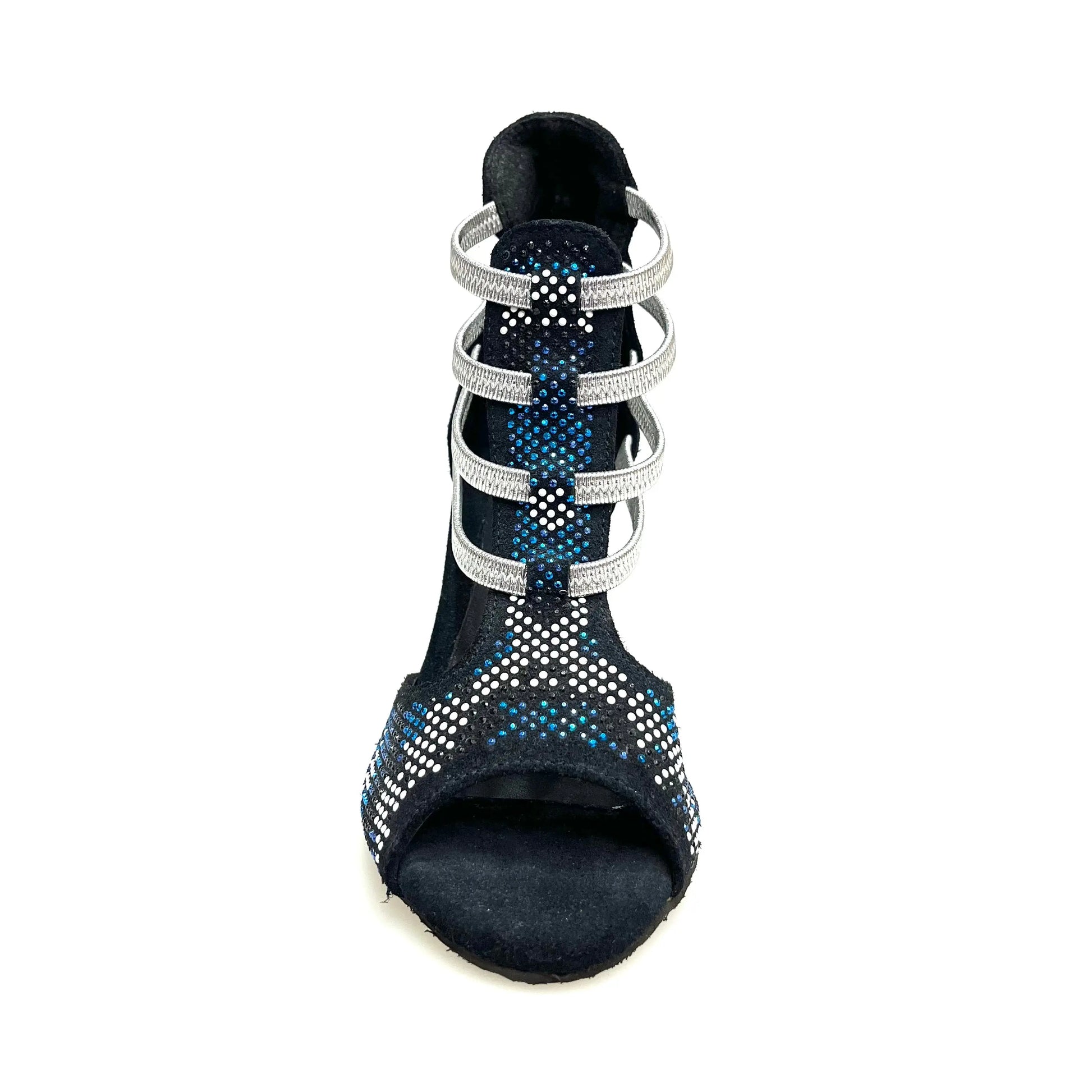 Sandalo da donna Viper Blu (460PW) in camoscio blu notte con borchiette bianche e nere, Swarovski blu, elastici argento e tacco a spillo.