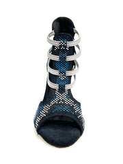 Carica immagine nella Galleria, Viper Blu (460PW) - Sandalo da Donna in Camoscio Blu notte Livrea Vipera in borchiette bianche e Nere e Swarovski blu Elastici Argento e tacco a spillo Rivestito Camoscio Blu Notte
