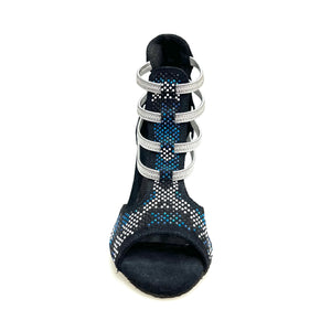 Viper Blu (460PW) - Woman's Sandal in Midnight Blue Suede with livery in blue and white studs and Silver Elastics and stiletto heel Covered in Midnight Blue Suede