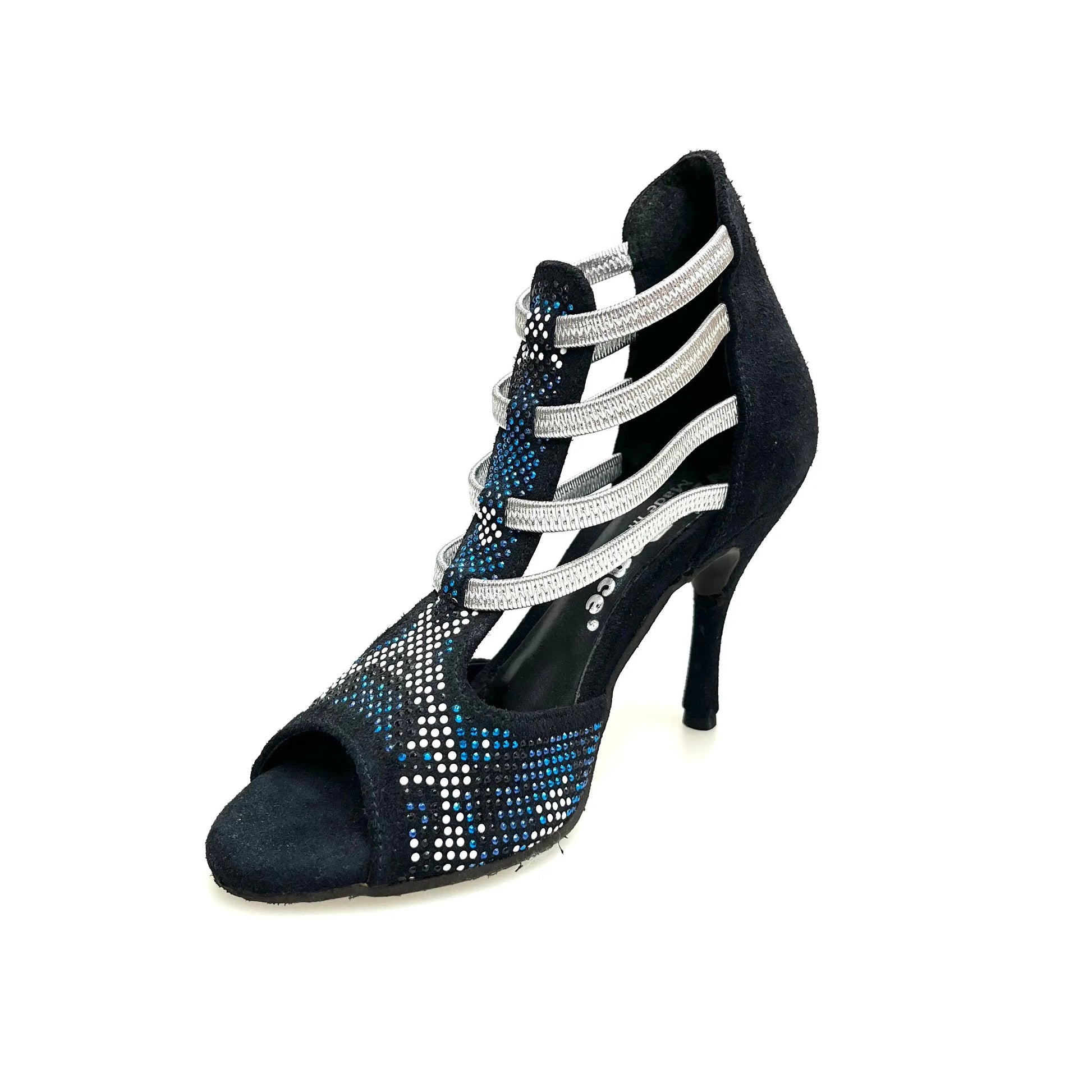 Sandalo donna Viper Blu (460PW) Wish Dance Shop in camoscio blu notte, con borchiette bianche e nere, Swarovski blu e tacco a spillo rivestito.