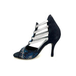 Load image into Gallery viewer, Viper Blu (460PW) - Woman&#39;s Sandal in Midnight Blue Suede with livery in blue and white studs and Silver Elastics and stiletto heel Covered in Midnight Blue Suede
