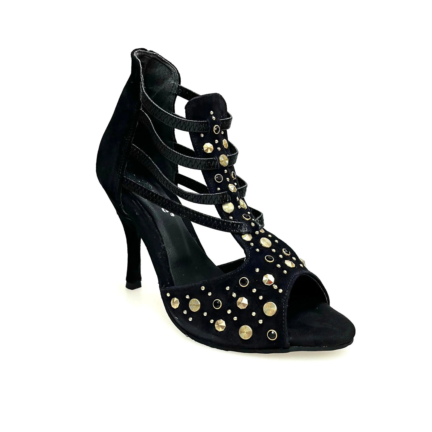 Sandalo da donna Swann Elizabeth Pirata in camoscio nero con borchie oro, Swarovski neri e tacco a spillo rivestito in camoscio nero
