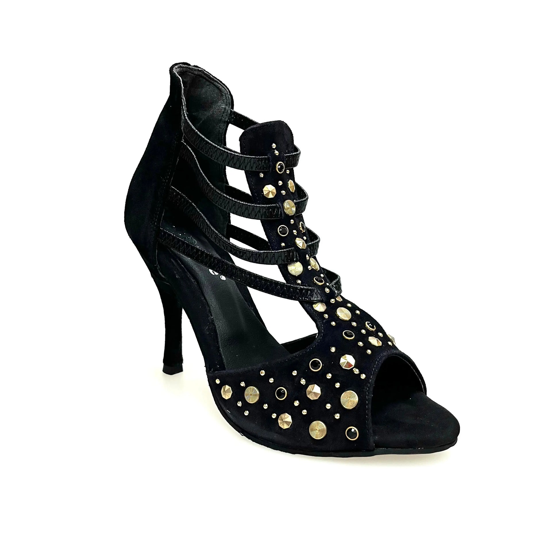 Sandalo da donna Swann Elizabeth Pirata in camoscio nero con borchie oro, Swarovski neri e tacco a spillo rivestito in camoscio nero