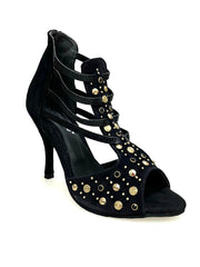 Carica immagine nella Galleria, Swann Elizabeth Pirata (460PW) - Sandalo da Donna in Camoscio Nero con Borchie Oro e Swarovski neri incastonati e Tacco a Spillo Rivestito Camoscio Nero
