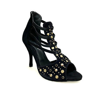 Swann Elizabeth (460PW) - Woman's Sandal in Black Suede with Embedded Gold Studs and Black Swarovski and Stiletto Heel Covered in Black Suede