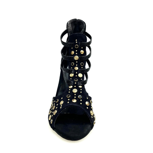 Sandalo da donna Swann Elizabeth Pirata Wish Dance Shop in camoscio nero con borchie oro, Swarovski neri e tacco a spillo rivestito.