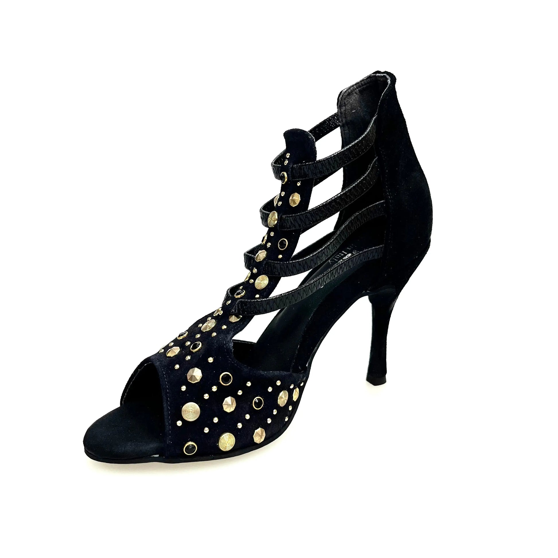Sandalo da donna Swann Elizabeth Pirata in camoscio nero con borchie oro, Swarovski neri e tacco a spillo rivestito in camoscio nero.