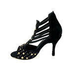 Load image into Gallery viewer, Swann Elizabeth (460PW) - Woman&#39;s Sandal in Black Suede with Embedded Gold Studs and Black Swarovski and Stiletto Heel Covered in Black Suede

