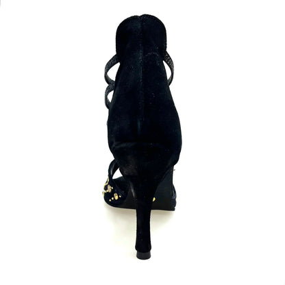 Sandalo da donna Swann Elizabeth Pirata Wish Dance Shop in camoscio nero con borchie oro, Swarovski neri e tacco a spillo rivestito.