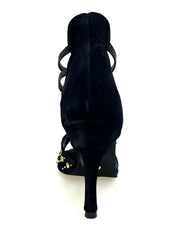 Carica immagine nella Galleria, Swann Elizabeth Pirata (460PW) - Sandalo da Donna in Camoscio Nero con Borchie Oro e Swarovski neri incastonati e Tacco a Spillo Rivestito Camoscio Nero
