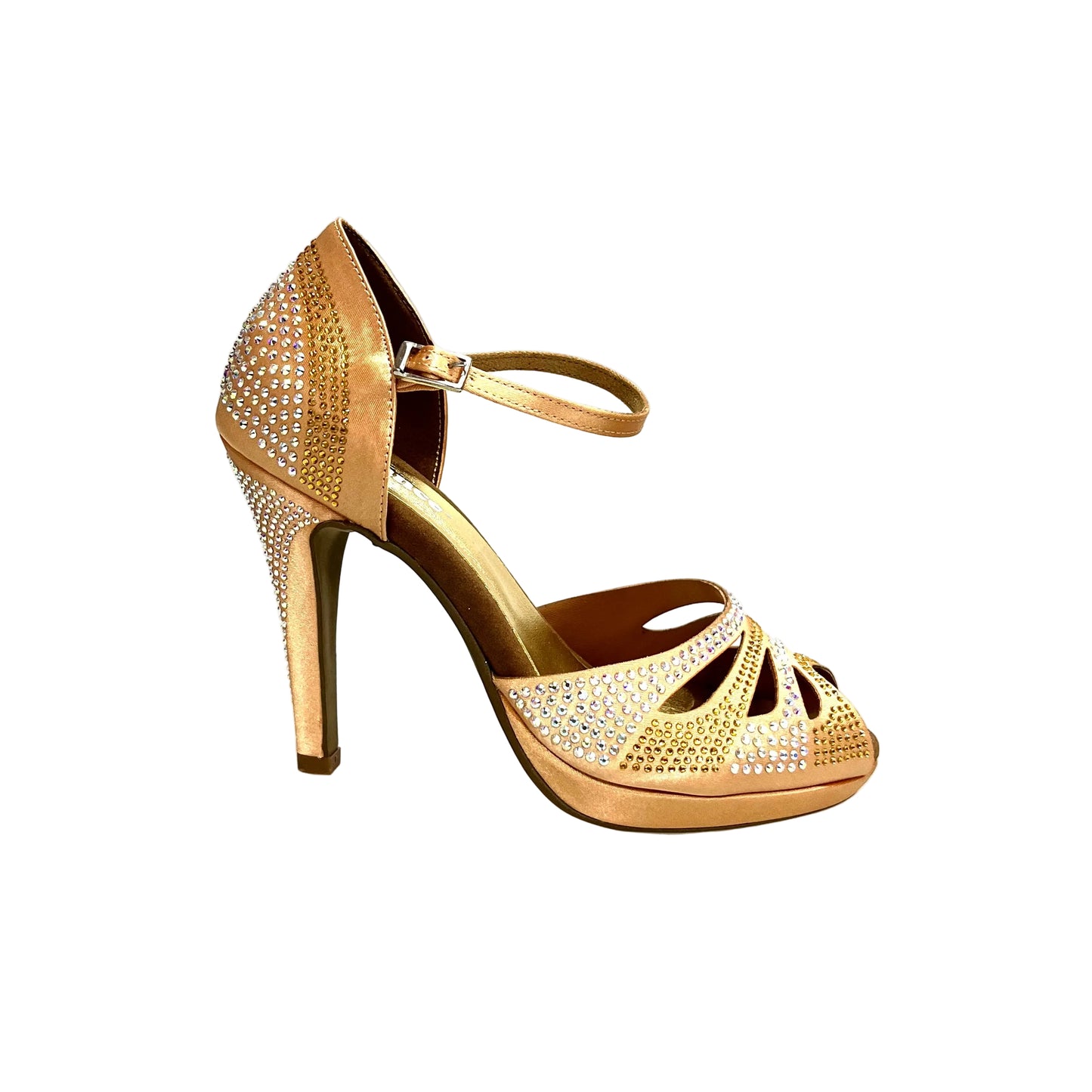Scarpa da ballo Alexa Wish Dance Shop in raso seta carne con Swarovski Boreali e beige, tacco alto a spillo e plateau confortevole