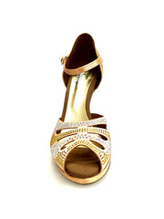 Carica immagine nella Galleria, Alexa (LP4) - Scarpa da Ballo in Raso Seta Carne Flesh Con Swarovski Boreali e Beige con Tacco alto a Spillo largo e Plateau Confort Flex
