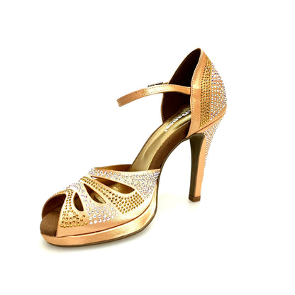 Scarpa da ballo Alexa in raso di seta carne con Swarovski color boreali, tacco alto a spillo e plateau comodo, marca Wish Dance Shop