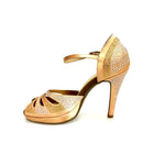 Load image into Gallery viewer, Alexa (LP4) - Scarpa da Ballo in Raso Seta Carne Flesh Con Swarovski Boreali e Beige con Tacco alto a Spillo largo e Plateau Confort Flex
