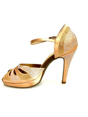 Carica immagine nella Galleria, Alexa (LP4) - Scarpa da Ballo in Raso Seta Carne Flesh Con Swarovski Boreali e Beige con Tacco alto a Spillo largo e Plateau Confort Flex
