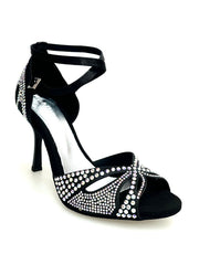 Carica immagine nella Galleria, Deluxe Butterfly (L2) - Scarpa da Ballo in Raso Seta Nera con Swarovski Boreali e Tacco a Stiletto Squadrato Smaltato Nero
