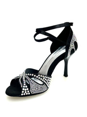 Carica immagine nella Galleria, Deluxe Butterfly (L2) - Scarpa da Ballo in Raso Seta Nera con Swarovski Boreali e Tacco a Stiletto Squadrato Smaltato Nero
