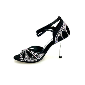 Deluxe (L2) - Black Silk Satin Dance Shoe with Swarovski and Silver Laminated Stiletto Heel