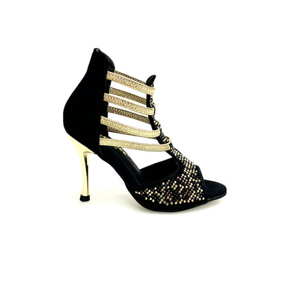 Sandalo donna Carola Leopard Gold Wish Dance Shop con camoscio nero, elastici oro, borchiette leopardate e tacco a spillo laminato oro