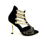 Load image into Gallery viewer, Carola Leopard Gold (460PW) - Sandalo da Donna in Camoscio Nero Elastici Oro con Livrea Leopardo in borchiette Oro e Marroni e Swarovski Neri e tacco a spillo laminato Oro
