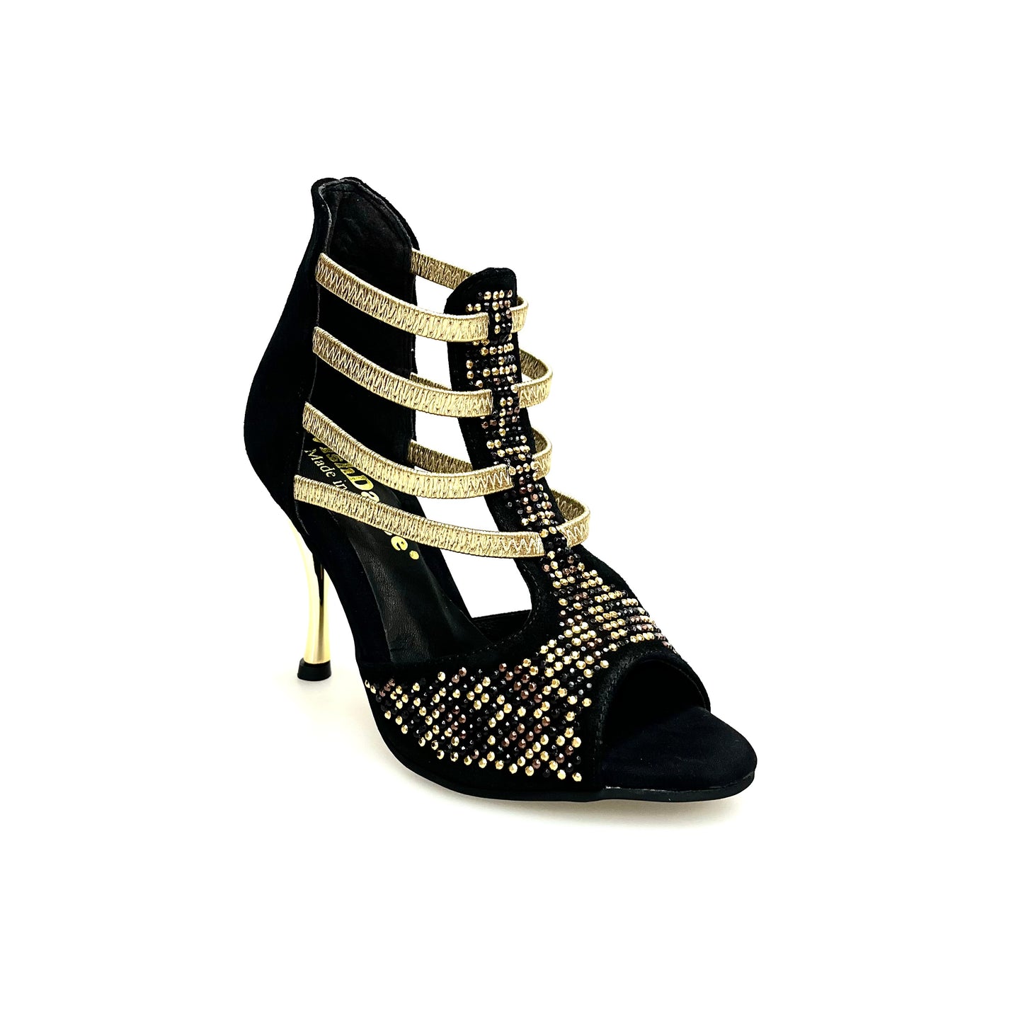 Sandalo donna Carola Leopard Gold Wish Dance Shop con camoscio nero, elastici oro, borchiette e Swarovski neri, tacco a spillo laminato oro