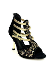 Carica immagine nella Galleria, Carola Leopard Gold (460PW) - Sandalo da Donna in Camoscio Nero Elastici Oro con Livrea Leopardo in borchiette Oro e Marroni e Swarovski Neri e tacco a spillo laminato Oro
