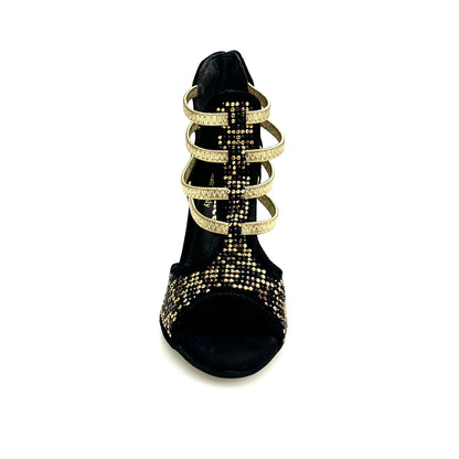 Sandalo donna Carola Leopard Gold di Wish Dance Shop con elastici, borchiette oro, Swarovski neri e tacco a spillo laminato oro.