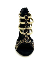 Carica immagine nella Galleria, Carola Leopard Gold (460PW) - Sandalo da Donna in Camoscio Nero Elastici Oro con Livrea Leopardo in borchiette Oro e Marroni e Swarovski Neri e tacco a spillo laminato Oro
