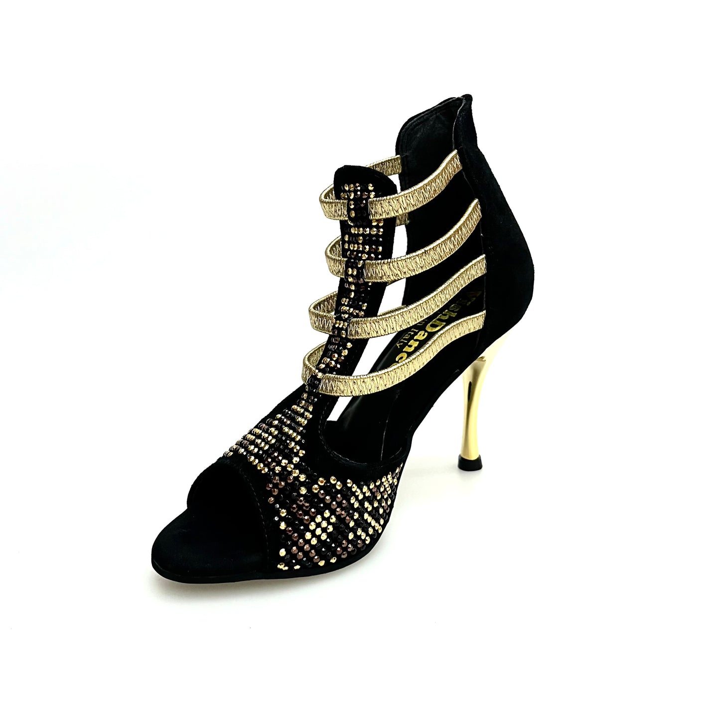 Sandalo donna Carola Leopard Gold Wish Dance Shop con camoscio nero, elastici oro, borchiette e Swarovski, tacco a spillo laminato oro